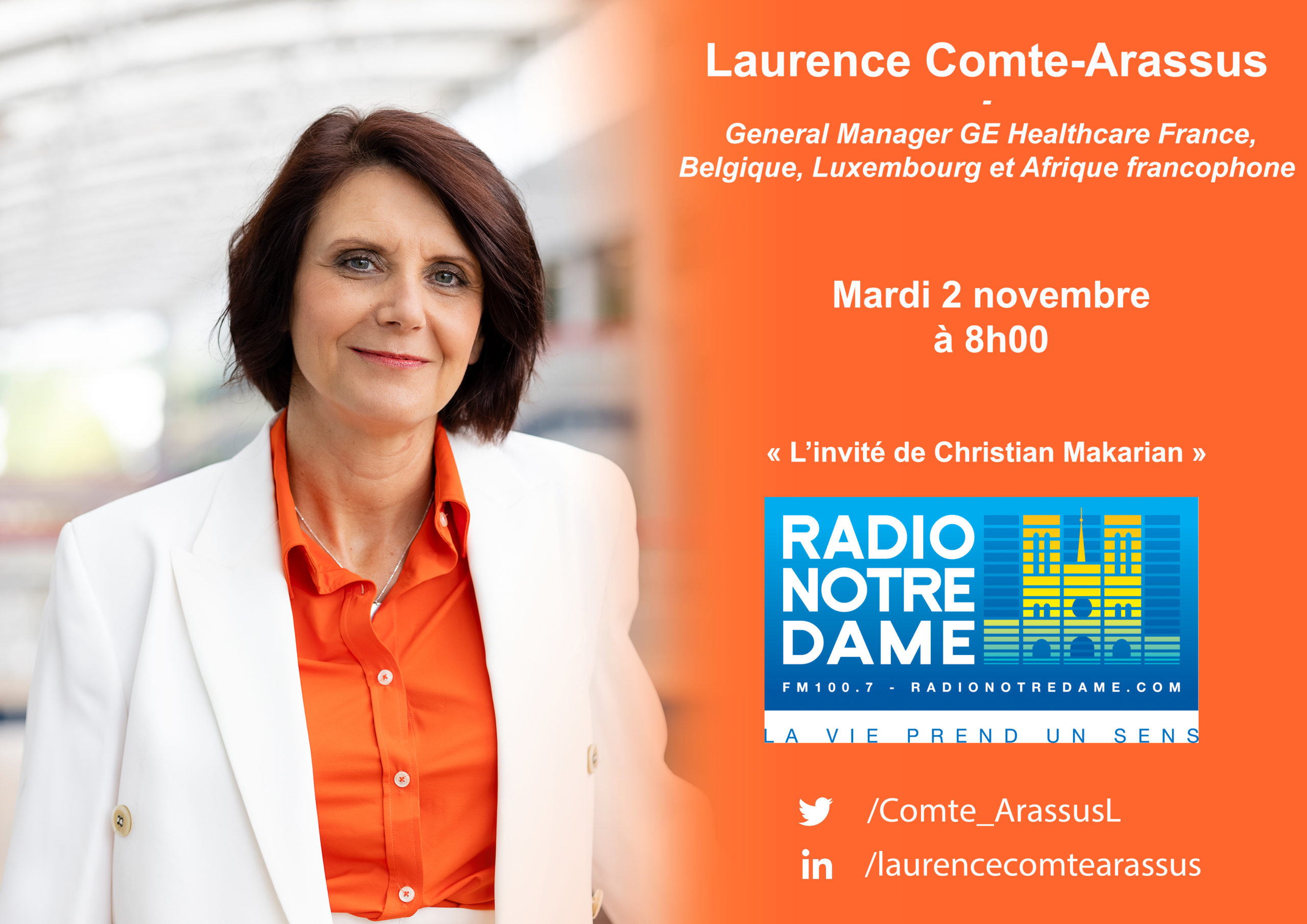 Passage de Laurence Comte-Arassus, General manager zone FBFA de GE HEALTHCARE, sur Radio Notre Dame