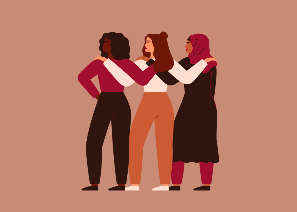 Trois femmes unies, solidarité féminine.