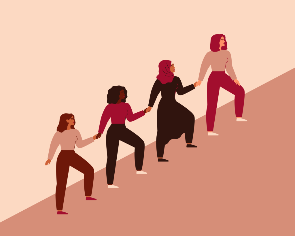 Illustration de femmes unies avançant ensemble.